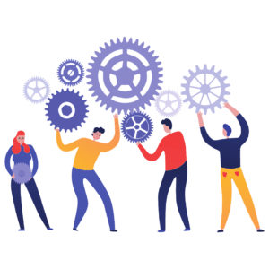 Depiction of a team putting together cogs; teamwork.