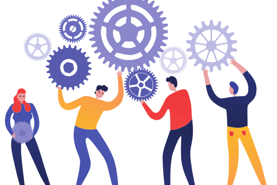 Depiction of a team putting together cogs; teamwork.