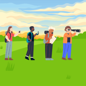 A group of explorers using tools to navigate.