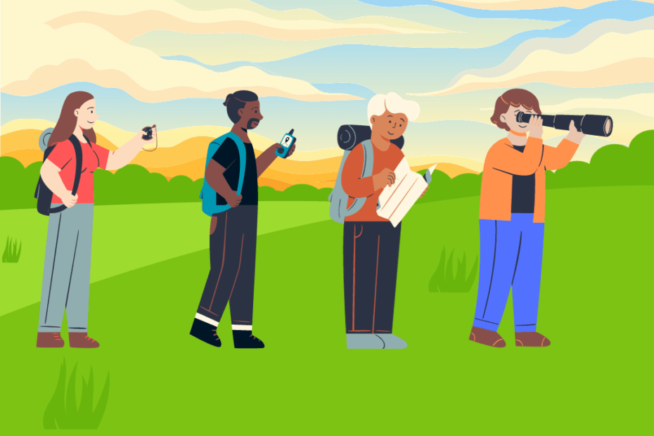 A group of explorers using tools to navigate.