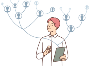 Person considers a tree of person bubbles coming from a tablet they're holding.